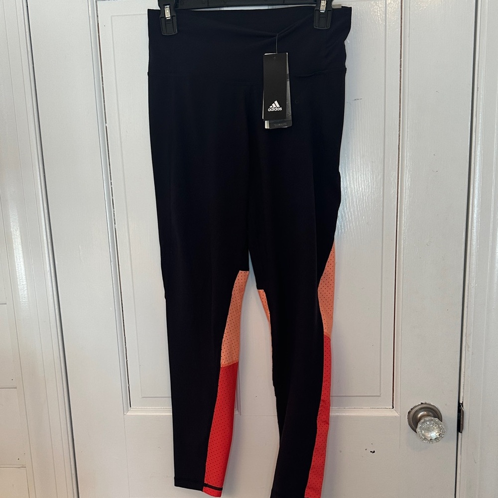 adidas Black Leggings‎ with Red & Peach Panels size M NWT